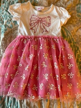 Little Lass White and Pink Bow Tulle Dress